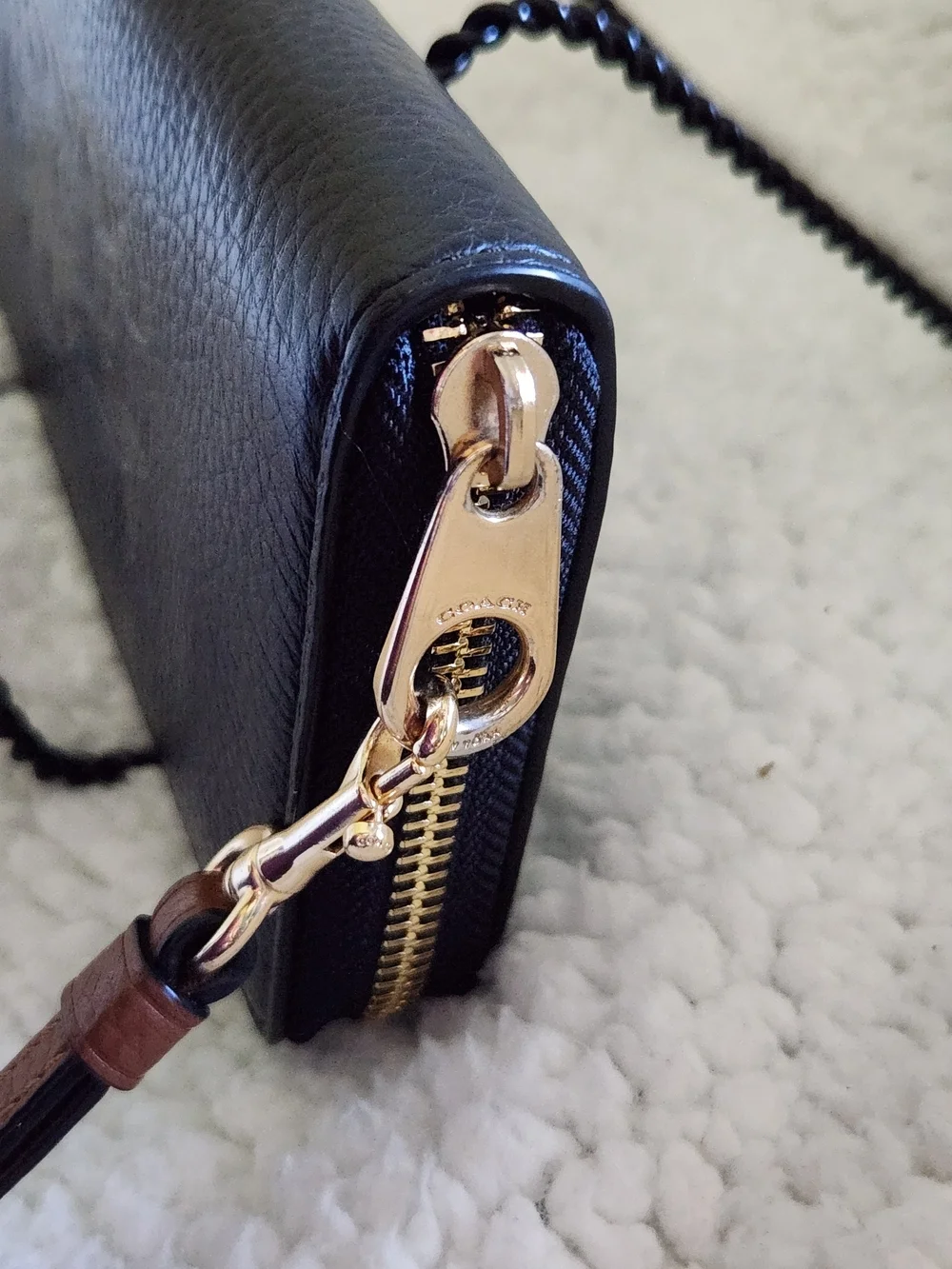 Coach Black Pebbled Leather Wallet/Wristlet with Brown Strap